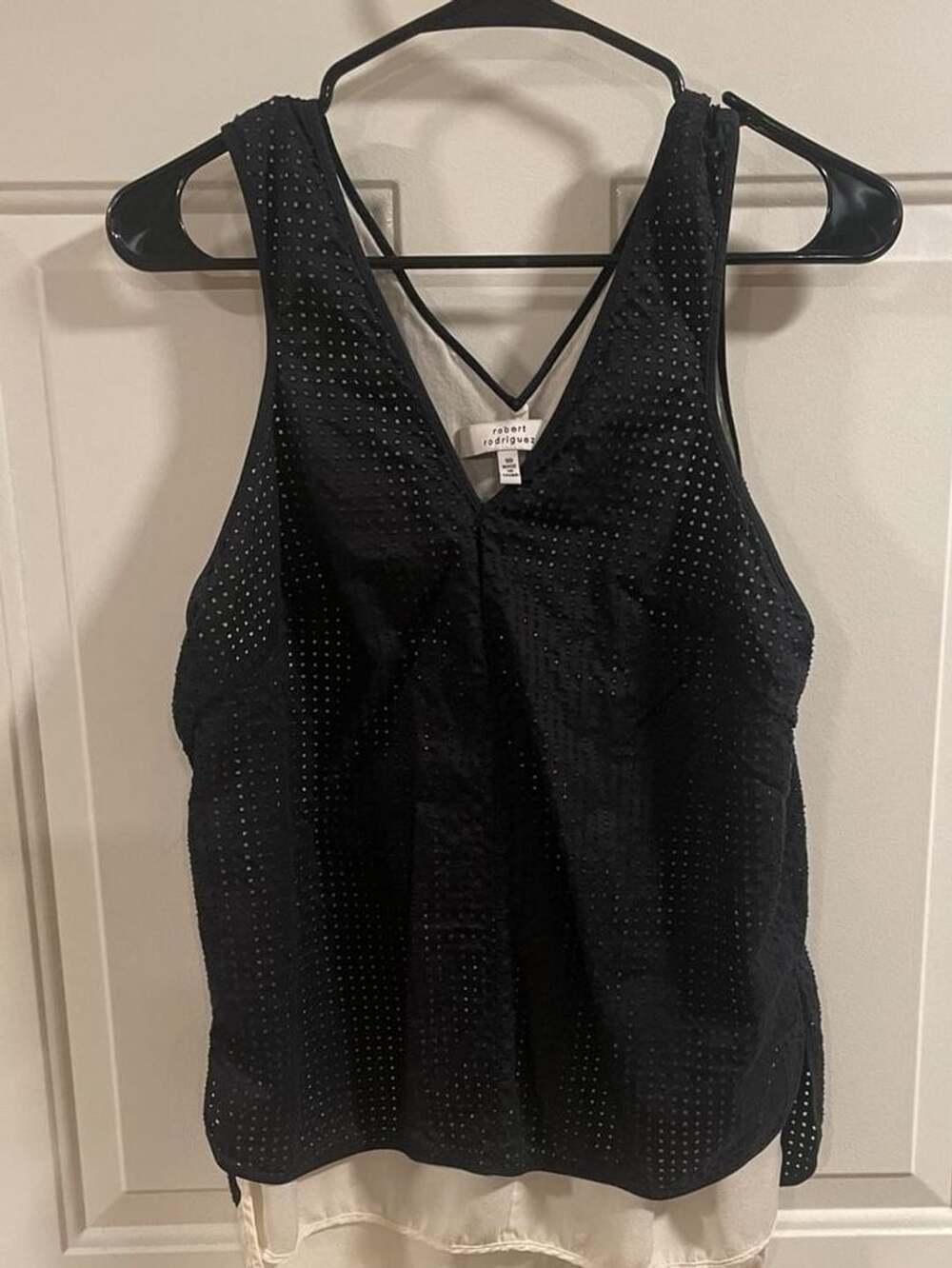Robert Rodriguez Eyelet Tank Top Size 10 Black Silk Layered V-Neck
